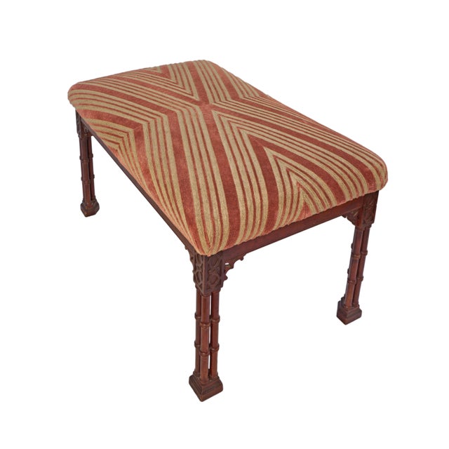 Chinese Mid 20th Century Chinese Chippendale Style Stool Faux Bamboo Legs Velvet Chevron Upholstery Bench For Sale - Image 3 of 7