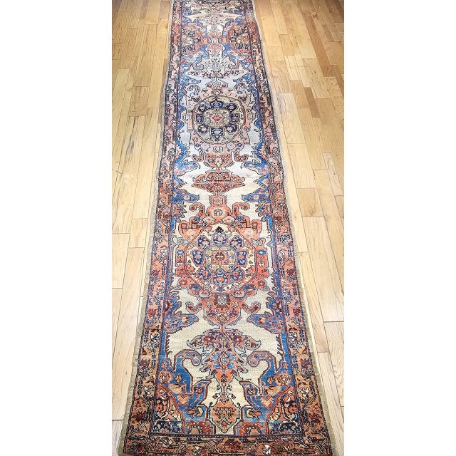 Textile Antique Persian Malayer Runner Rug, Hand-Knotted Wool, Geometric Pattern, 4x20, Ivory & Blue For Sale - Image 7 of 14