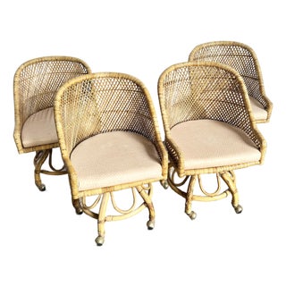 Vintage Boho Chic Wicker Dining Barrel Chairs - Set of 4 For Sale