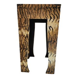 80s Tiger Print Vintage Wood End Table/Plant Stand For Sale