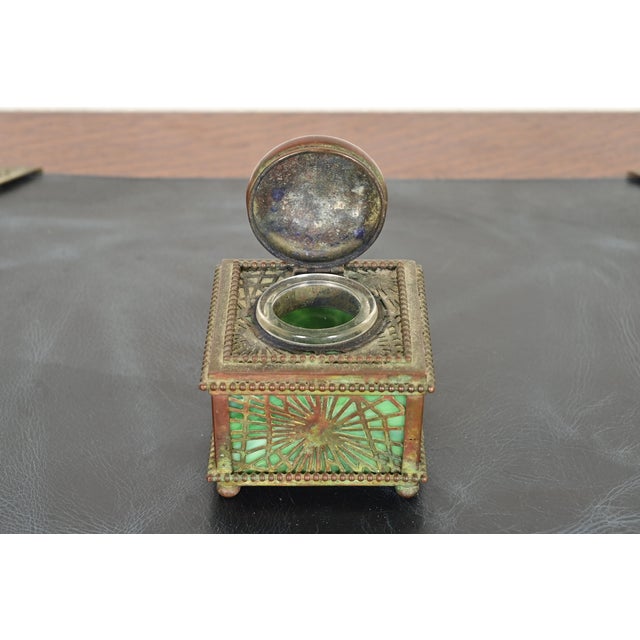 Metal Tiffany Studios New York Pine Needle Bronze and Favrile Slag Glass Inkwell, Circa 1910 For Sale - Image 7 of 13