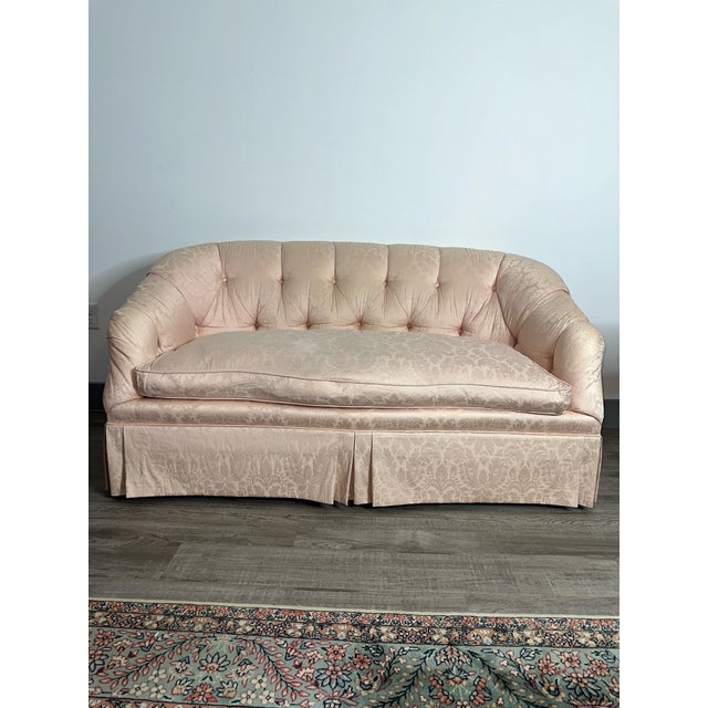 Vintage Beacon Hill Tufted Damask Sofa – Blush Pink – Hollywood Regency – 60” For Sale - Image 9 of 9