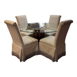 Late 20th Century Traditional Round Glass Pedestal Dining Table & 4 Fringed Upholstered Chairs For Sale