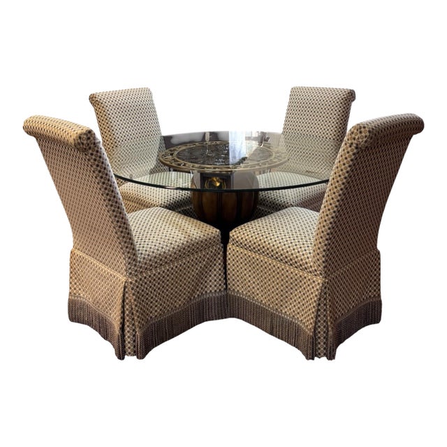 Late 20th Century Traditional Round Glass Pedestal Dining Table & 4 Fringed Upholstered Chairs For Sale