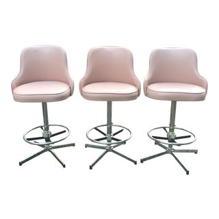 Vintage Mid-Century Chrome Vinyl Mauve Swivel Bar Stools - Set of 3 For Sale