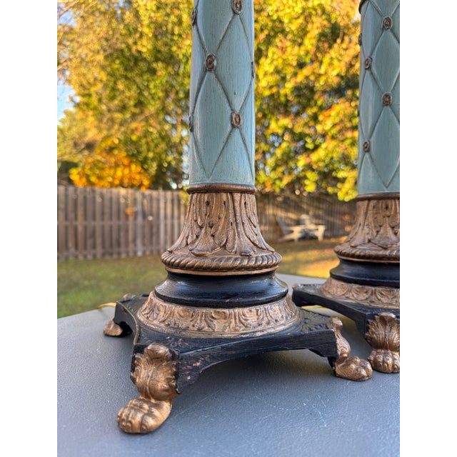 Vintage 1980s Italian Ceramic & Wood Gilt & Aqua Neoclassical-Style Empire Table Lamps For Sale - Image 6 of 18