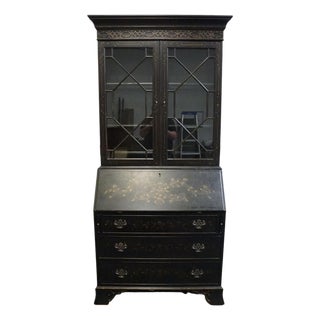 Ethan Allen Newport Collection Contemporary Asian Inspired Black 41" Secretary Desk W. Bookcase Hutch Top 34-9408 For Sale