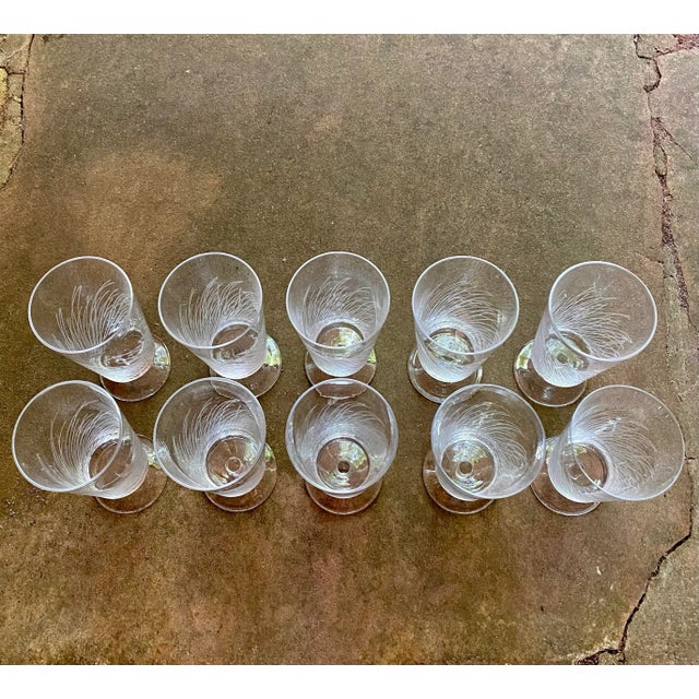 Transparent 1970s Flat Bottom, Short Stem Cocktail/Water Glasses, Hand Etched Abstract Pattern- Set of 10 For Sale - Image 8 of 13