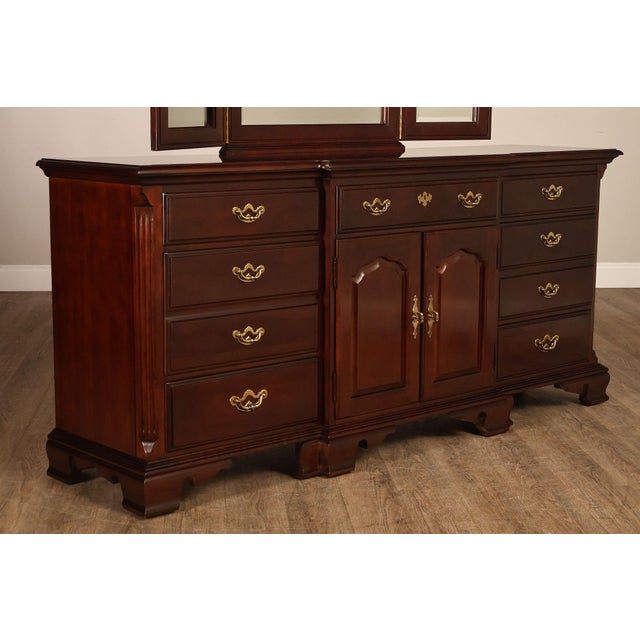 Wood Thomasville 'Collectors Cherry' Triple Dresser with Tri-Fold Mirror For Sale - Image 7 of 18