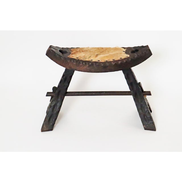 Brutalist Set of Brutalist Spanish Tripod Chair with Goatskin Stool For Sale - Image 3 of 18