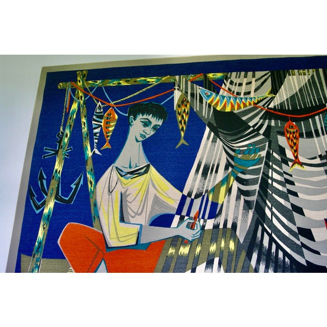 Robert Debieve, The Net Mender, 1950s, Screen Print on Canvas For Sale - Image 3 of 11