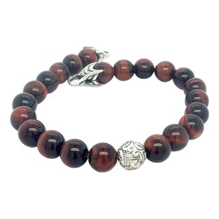 1990s David Yurman Tiger Eye Carved Ball Bracelet 8" 8 mm Sterling Silver Estate For Sale