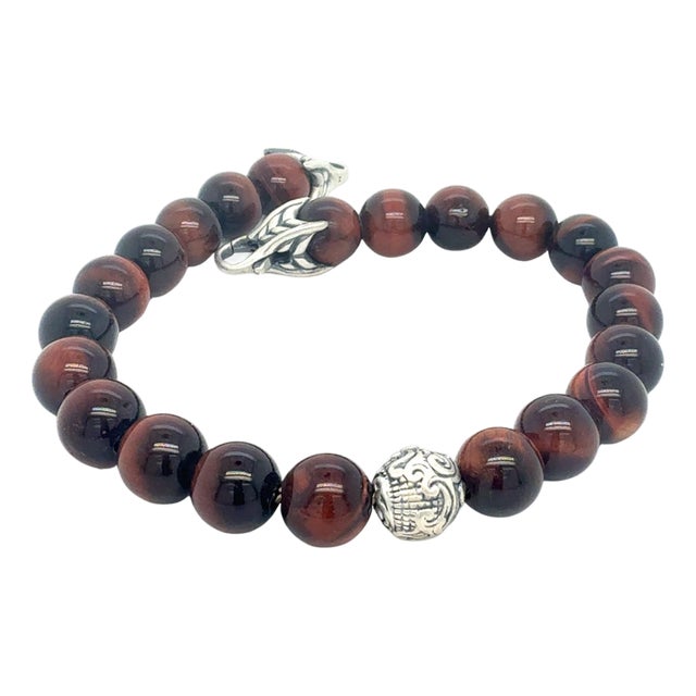 1990s David Yurman Tiger Eye Carved Ball Bracelet 8" 8 mm Sterling Silver Estate For Sale