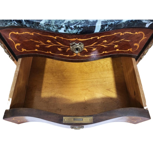Antique French Louis XV Style Bronze & Inlaid Verde Marble Top Nighstand Chest For Sale - Image 10 of 14