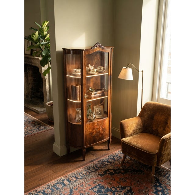 1940s Art Deco Walnut Vitrine with Fluted Glass Detailing For Sale - Image 5 of 7