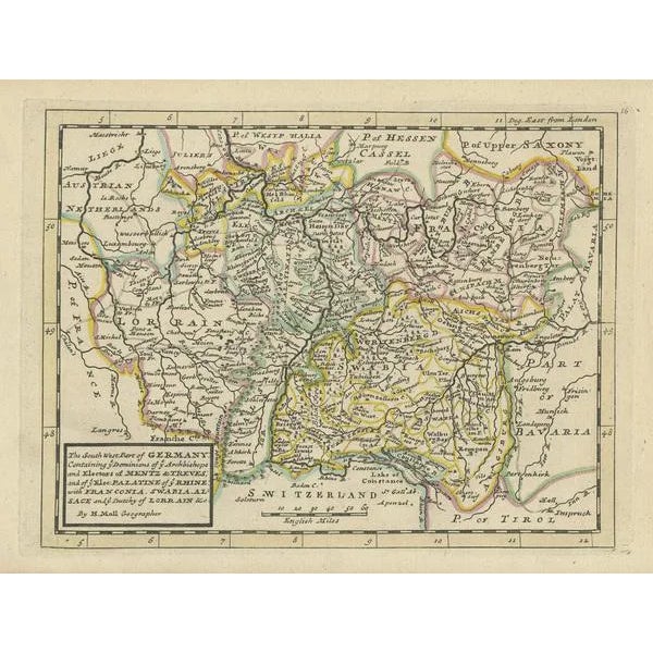 Antique Map of Southern Germany, 1730 For Sale