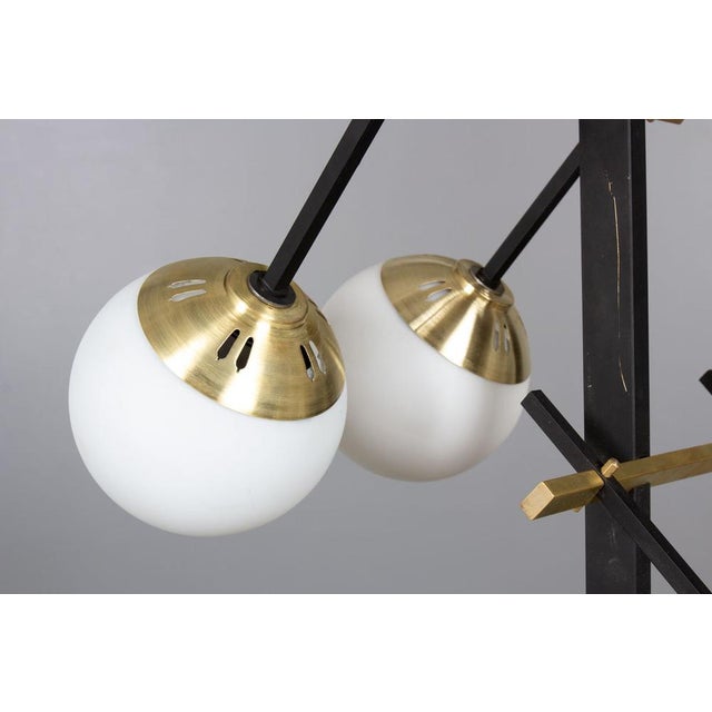 Metal Vintage Pendant Light in Black Metal, Brass & Opaline Glass, 1950s For Sale - Image 7 of 10