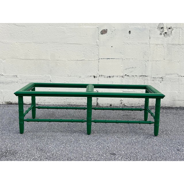 Coastal Mid Century Faux Bamboo Green Lacquered Coffee Table For Sale - Image 3 of 9