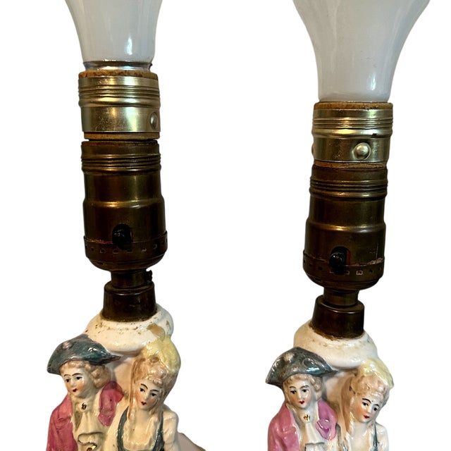 Antique Porcelain French Louis XIV Couple Porcelain Boudoir Lamps With Shades - a Pair For Sale - Image 4 of 5
