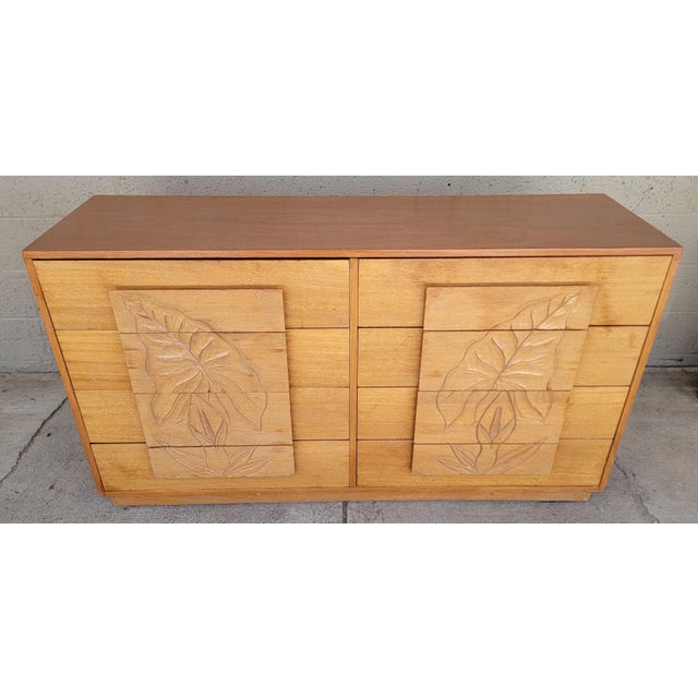 Relief carved Anthurium or Peace Flower Hawaiian style low dresser, Circa. 1950's. Made in the Philippines with solid...