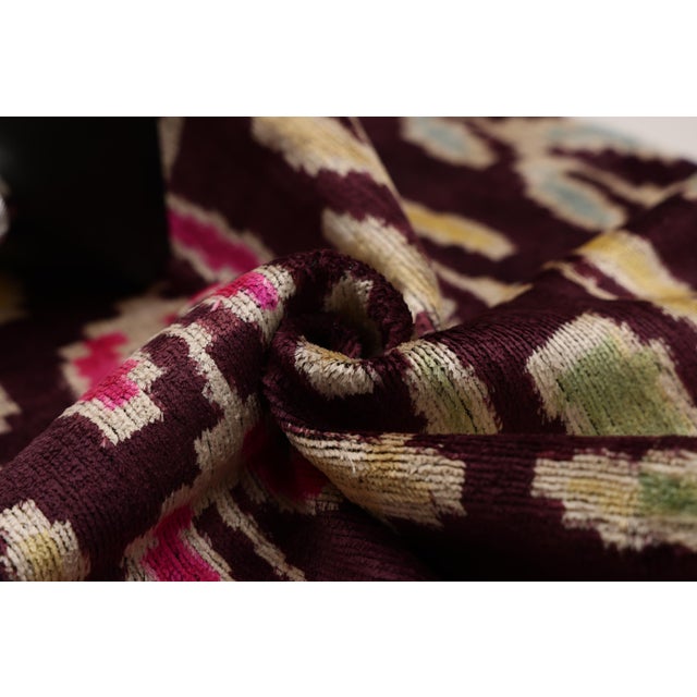 Mid-Century Modern Luxury Handwoven Silk Velvet Ikat Pillow 20x20 Inch – Burgundy & Soft Pastel For Sale - Image 3 of 8
