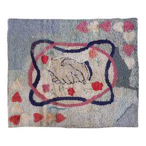 Exceptional Light Blue Color, Two Handed Handshake and Hearts Antique American Hooked Rug