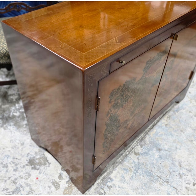 Vintage Ethan Allen Hollywood Regency Chinoiserie Stereo Bar Cabinet, Hand-Painted Chinese Landscape For Sale - Image 16 of 18