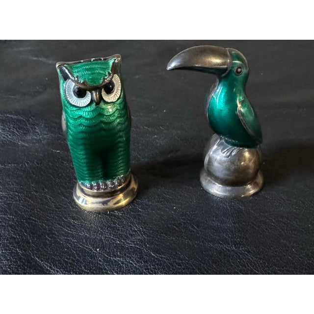 Metal 1950s Mid-Century Modern David Andersen Norwegian Sterling Silver & Enamel Owl&bird Salt and Pepper Shakers, Pair For Sale - Image 7 of 12