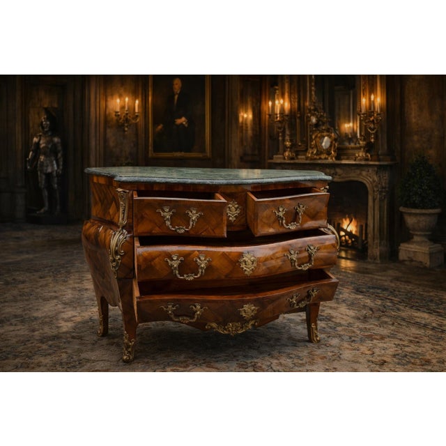 1860 French Artisan Louis XVI Mahogany Green Marble Commode For Sale - Image 9 of 18