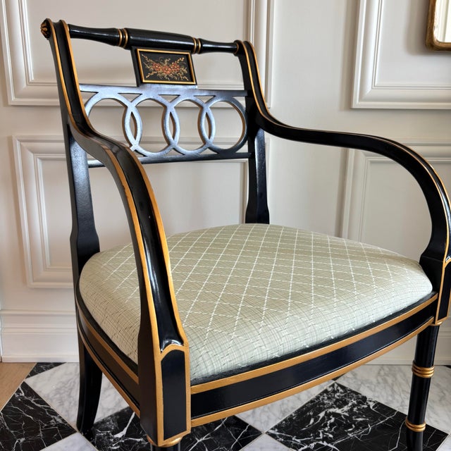 1980s Pair Regency Style Hickory Chair Co. Black & Gold Armchairs For Sale - Image 11 of 12