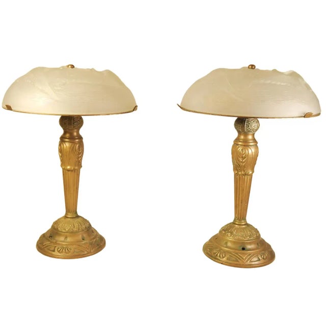 French Art Deco Frosted Glass and Brass Table Lamps, 1970s, Set of 2 For Sale - Image 9 of 14