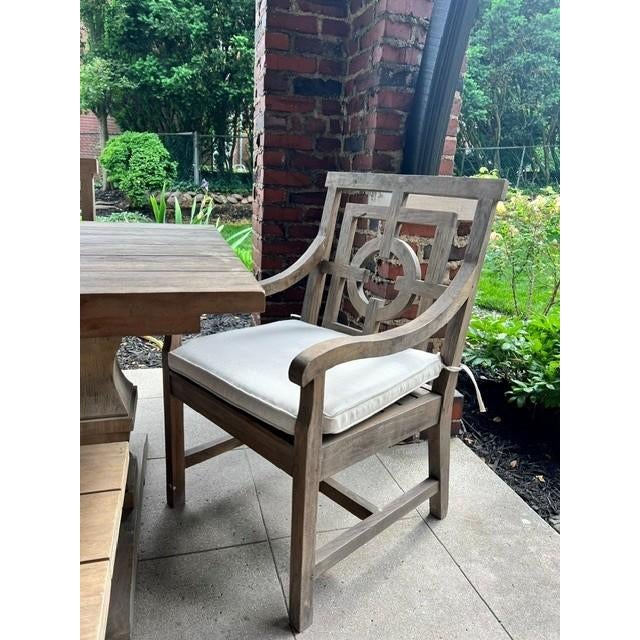 2010s Arhaus Hamptons Outdoor Teak Dining Set – 84" Table, Bench, 4 Chairs, Beverage Cart & Cushions For Sale - Image 5 of 15