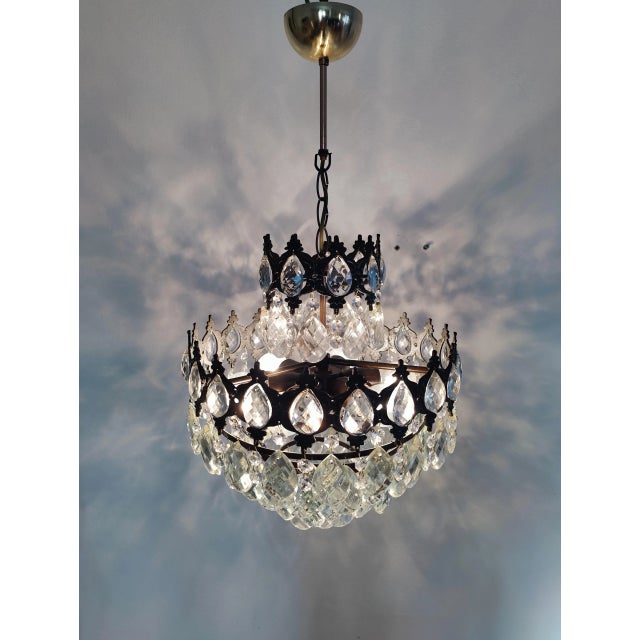 Antique Brass Crystal Basket Chandelier For Sale - Image 6 of 11