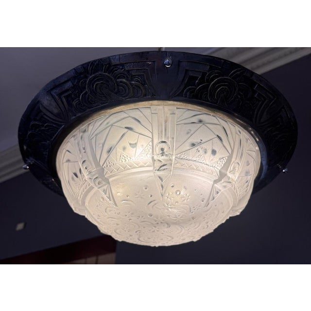 Superb Art Deco Ceiling Light "The Starry Night" Signed Müller Frères Lunéville Circa 1930 Pressed molded glass decorated...
