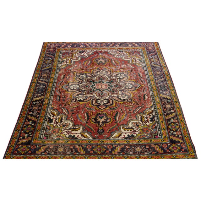 Persian 1960s Vintage Persian Heriz Navy Blue Handmade All-Over Medallion Wool Rug For Sale - Image 3 of 7