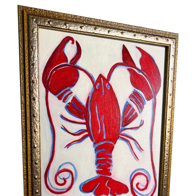A bold and magnificently decorative original painting featuring a grand red lobster rendered in rich crimson and deep...