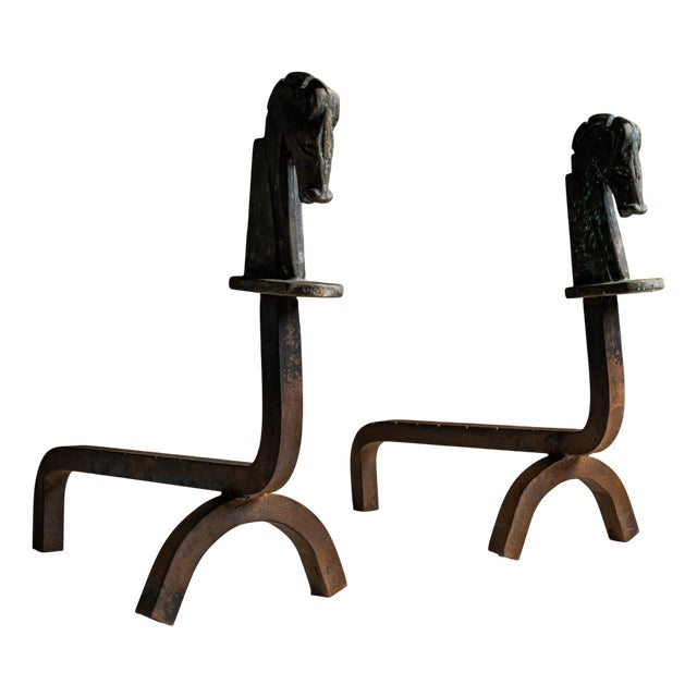 Art Deco Andirons with Horse Heads, 1940s, Set of 2 For Sale