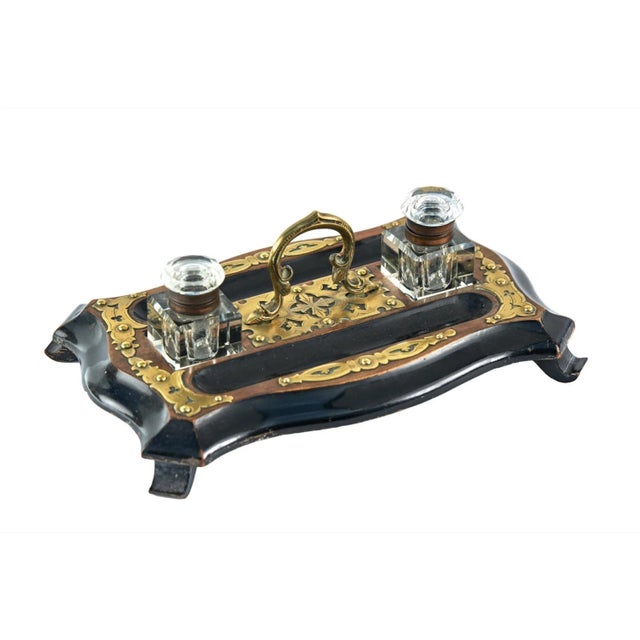 Yellow Antique Victorian Walnut & Ebonised Brass Mounted Inkstand, 1860 For Sale - Image 8 of 8