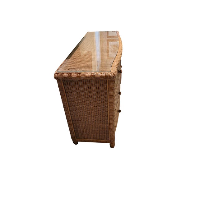 Wood Vintage Palm Beach Regency Bowfront Wicker 6-Drawer Dresser With Glass Top For Sale - Image 7 of 13