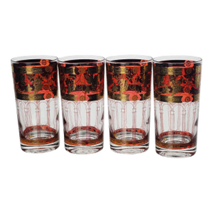 Mid Century Cera Cranberry & Gold "Golden Grapes" Highball Glasses – Set of 4 Vintage Tumblers