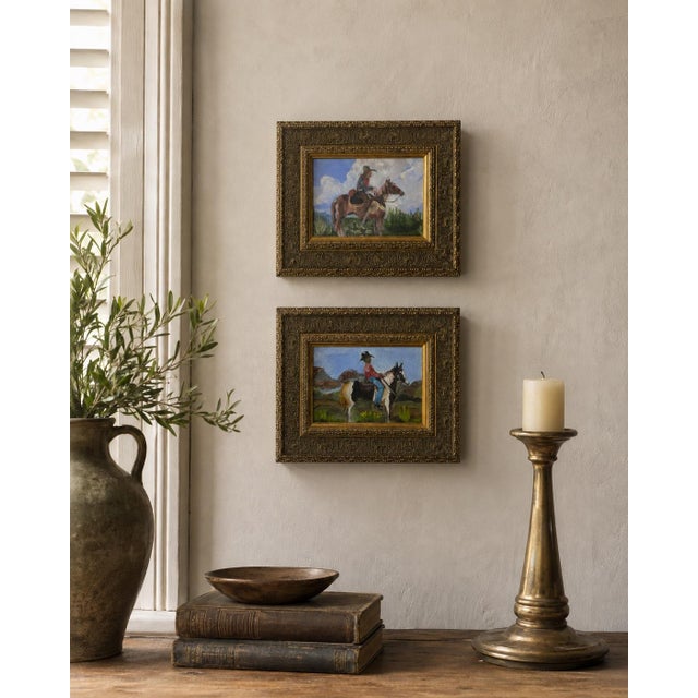 Charming pair of small Western paintings depicting horseback riders set against open landscapes. Each work has a...