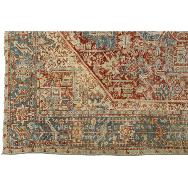 Textile Antique Red Wool Rug Persian Heriz Featuring a Medallion Motif For Sale - Image 7 of 10