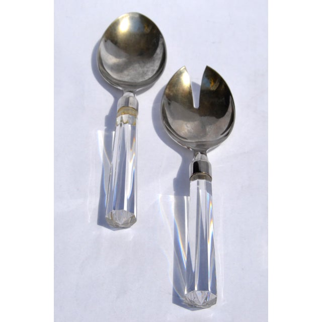 Victorian 1960s Christofle Hotel Style Serving Silverplate Spoons Faceted Crystal Handle - Set of 2 For Sale - Image 3 of 12