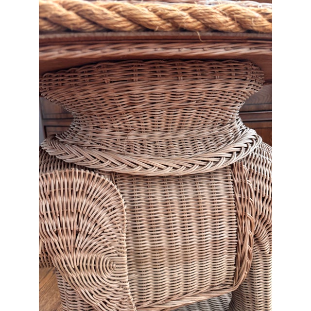 Vintage 1970’s Natural Wicker Elephant Tractable With Attached Glass Top Tray, Made in Hong Kong For Sale - Image 4 of 11