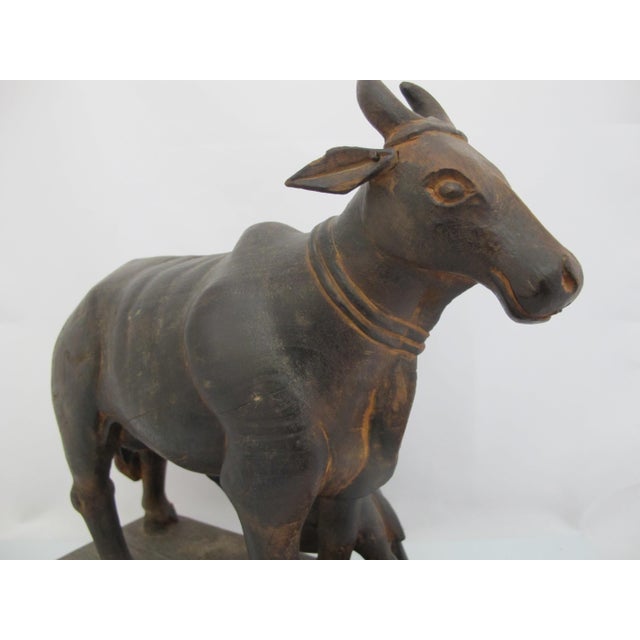 Wood Kamadhenu Wooden Cow & Calf Rustic Hand Carved India Hindu Folk Art Sculpture For Sale - Image 7 of 11