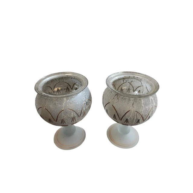 Lovely pair of mid century Turkish chalice candle holders, opaque glass, gilt motif, both in excellent condition. Suitable...