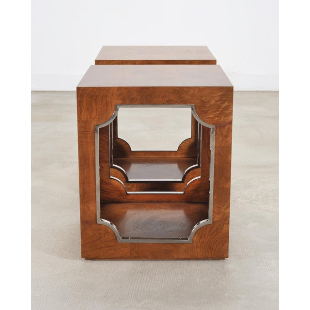 Wood Pair of Bernhardt Soho Luxe Burlwood Steel Cube Drink Tables For Sale - Image 7 of 18