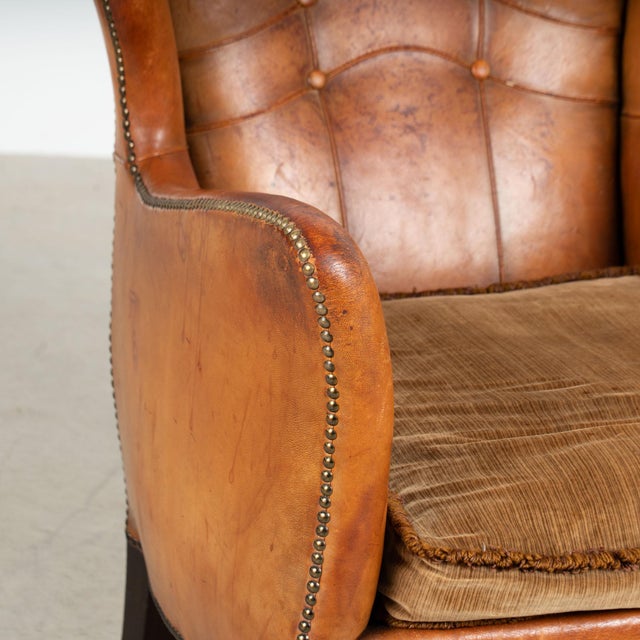 Mid 20th Century Pair, 20th Century Vintage Danish Brown Leather Club Chairs With Decorative Nail Head Trim For Sale - Image 5 of 13