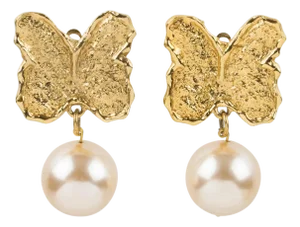 Guy Laroche Gilded Metal Butterfly Clip Earrings with Pink Pearl