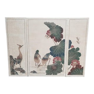 Vintage Oriental Asian Three Panel Picture Screen Crackle & Etched Finish For Sale